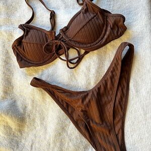 Brown Striped Bikini Set